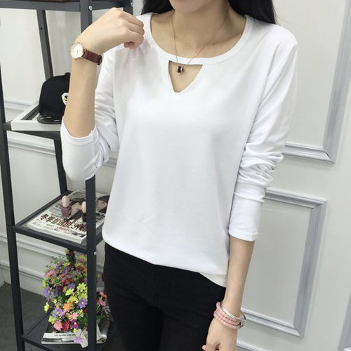 2018春裝新款v領(lǐng)鏤空純色打底衫女士精選優(yōu)質(zhì)磨毛拉架棉t恤